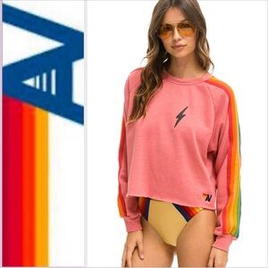 Aviator Nation Bolt Embroidery Classic Cropped Crew Pink serape rainbow